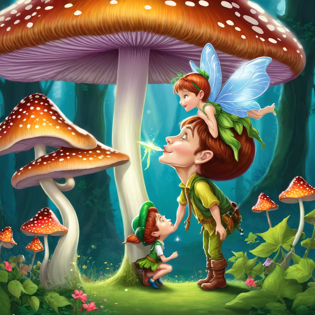 a pixie man kisses a tall fairy under a magic mushroom