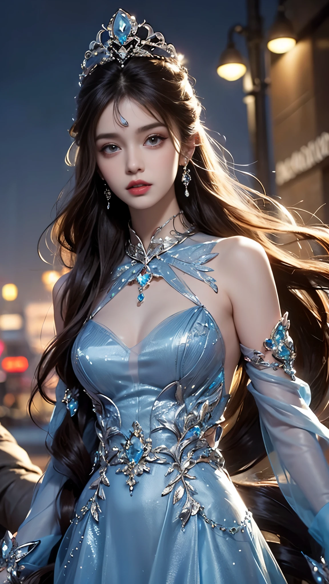 8K ultra hd, masterpiece, best quality, a beautiful girl, long hair, impressive hairstyle, royal hair jewelry, pretty cute face, flawless face, jewellery earrings, antique jewellery, details eyes, beautiful eyes, meticulous makeup, thin eyebrows, beautiful detailed lips, medium breasts, princess dress, blue dress, light blue laces, realistic colors, magic effect, night background, look directly at the audience,