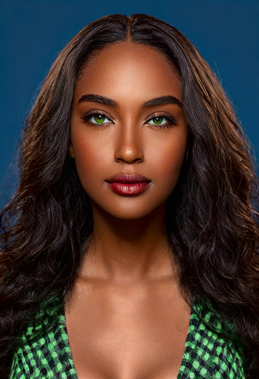 A beautiful woman, beautiful Latin face, young Brazilian Nyvi Estephan, Brazilian supermodel, serene and elegant beauty, Angolan descent, young adult 30 years old, nerdy woman, tall woman, a stunning black woman, with indigenous features, beautiful indigenous girl, native Brazilian, ((An indigenous African girl with European ebony)), ((her beauty is undeniable)), beautiful young ebony with dark skin, tanned Mexican, black hair with brown highlights, black curly hair with brown highlights, voluminous black hair with Brown highlights, vibrant and dynamic cut with soft waves can add a modern and stylish touch. Has an exotic beauty with beautiful green eyes, realistic green eyes, bright green eyes, ultra detailed green eyes, ultra realistic green eyes, natural green eyes, ultra detailed iris, perfect eyes, perfect iris, hyper realistic eyes, eyeliner, long eyelashes and defined, penetrating gaze that conveys confidence, striking, powerful expression, strong presence, striking makeup, vibrant red lipstick, full lips, voluminous lips, seductive lips, captivating, striking, unforgettable, dazzling and mischievous smile, wide smile, your features are captivating , subtle smile on his lips. beautiful and detailed face, detailed skin texture, Notice her perfectly shaped eyebrows, which arch gracefully above her eyes, small nose that is proportionate to her face, and soft contour of her face that accentuates her high cheekbones. Beautiful and glowing skin, intricate details, smooth skin, healthy and radiant appearance, Attractive slim woman, Average bust, Average and beautiful breasts, athletic physique, flat stomach, slim waist, huge hips, wide hips, big ass, thick thighs, legs shapely concept art. She wears a red and black plaid shirt with long sleeves, a short black latex skirt and long black knee-high boots. 3D 4k, high resolution, full sharpness photo realistic, breathtaking, Lentille nette, Photographie professionnelle, Objectif 70mm, Unreal Engine 5, wallpaper, colorful