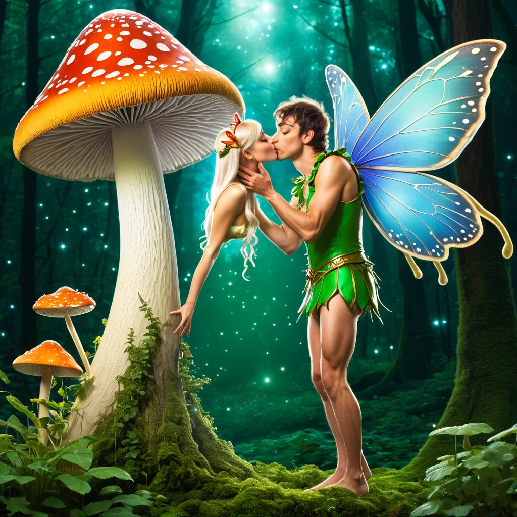 a pixie man kisses a tall fairy under a magic mushroom