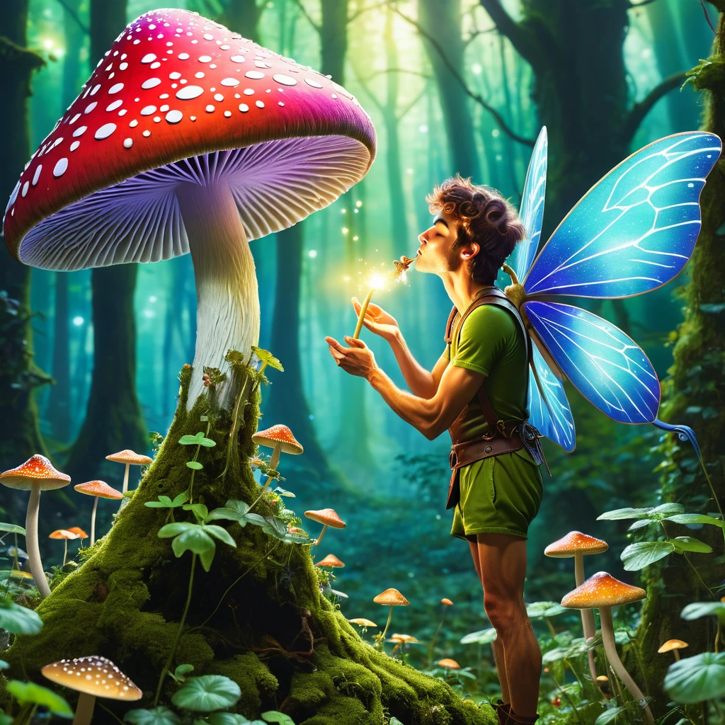 a pixie man kisses a tall fairy under a magic mushroom