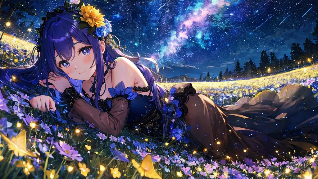 One Woman lying down in a Flower Field, A beautiful Night Sky illuminates the Lake in the middle of the Field,
The Background is filled with Fireflies dancing in the Moonlight, a small smile adornes her face,
her big blue reflective eyes light up in excitement as small shooting stars fall down over the far horizon,
Long Purple Hair with glowing blue strands going down, Fantasy Flower grow around her body, A long flowery Dress adornes her Body,