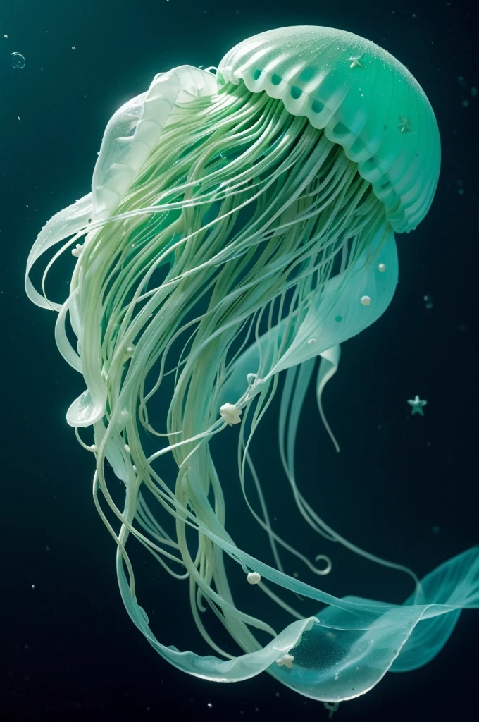 a sea jellyfish, of a luminescent green color, very tender, with a very cozy white tone, with tentacles in the shape of curls and with very notable pearls embedded in them. The most beautiful jellyfish in the world.
With small golden stars of the night embedded in his head.
A jellyfish based on the Moon jellyfish (Aurelia Aurita)