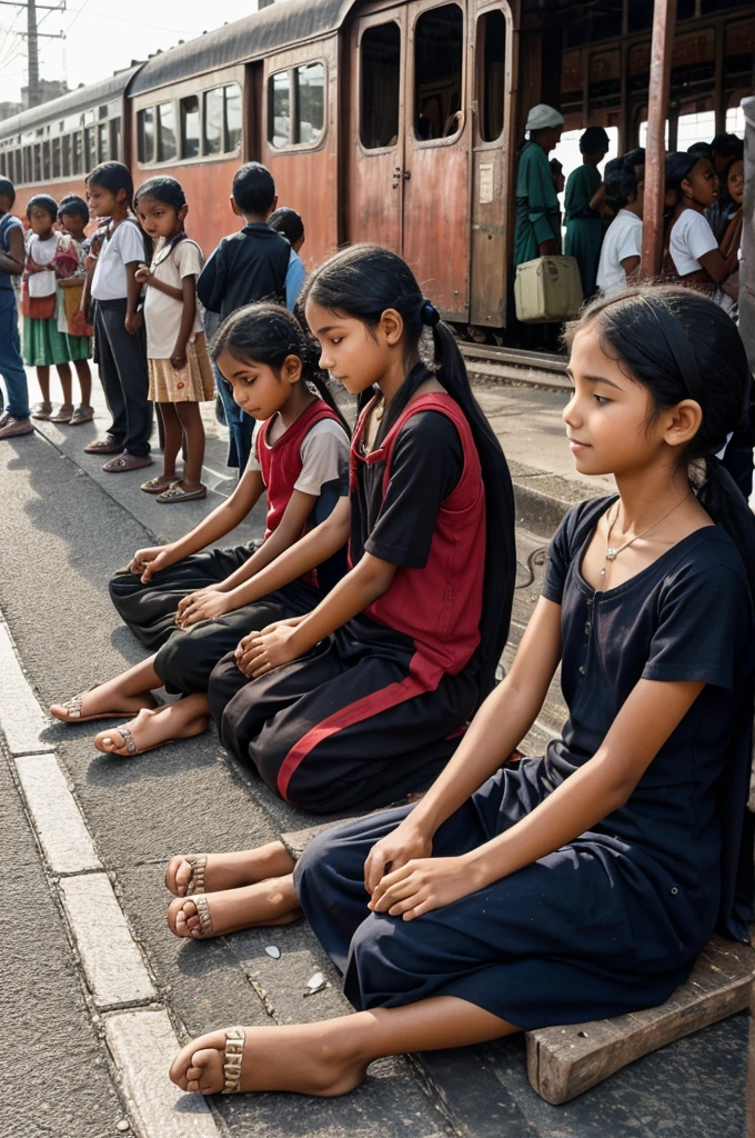 A poignant photograph of skinny ren paying their respects to an elderly Sai Baba at a bustling railway station. The childdressed in simple attire, are seated on the ground with their hands folded, showing deep reverence. Sai Baba, an old wise man with a long white beard, sits on a makeshift platform, smiling gently at the children. tation is filled with people, luggage, and sounds of the city, creating a contrast between the serene moment and the chaos around it.