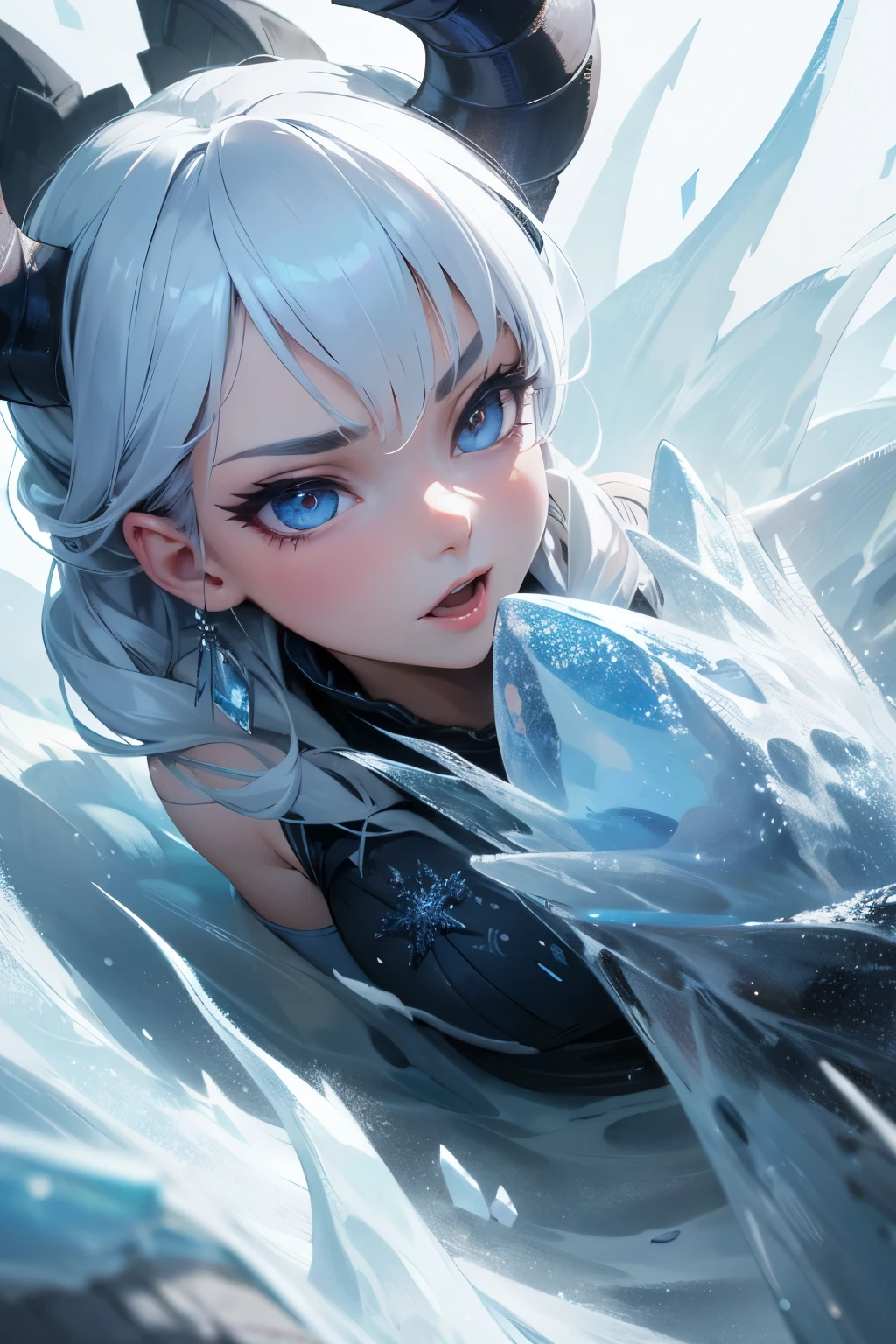 Arafed, Attention to detail, Highest quality, 16K, [Super detailed], masterpiece, Highest quality, (Very detailed), Dynamic Angle, Ultra Wide Shot, born, Realistic, Extremely enlarged image (1) Frozen Devil&#39;s Ice Snake Eyes, Ice chips freeze onto eyelashes, Light Blue Iris, Full white moon, Round moon reflected in the iris, 3D Rendering, [[Anatomically correct]] zrpg style
