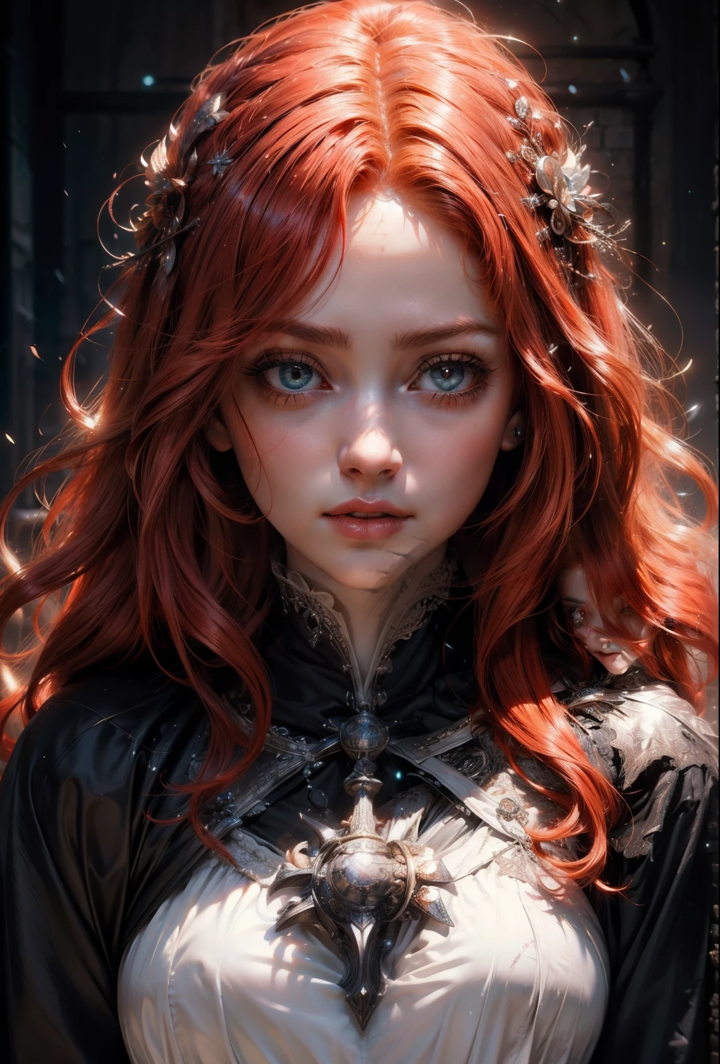 (((priestess Bloodbourne aesthetic))) ((beauty slim shape)) perfect skin, hyperrealistic masterpiece, (((in extremely complex & superdetailed white doll dress))), cinematic illumination: 8k, symmetrical eyes, realistic, sharp focus, HD, highly detailed, intricate, photography, hyperrealism, hyperrealistic, film, studio portrait, detailed, dramatic lighting, maximum definition and sharpness, (((highly detailed external glowing lighting))), (((redhead long hair)))(masterpiece), best quality, expressive eyes, perfect face
