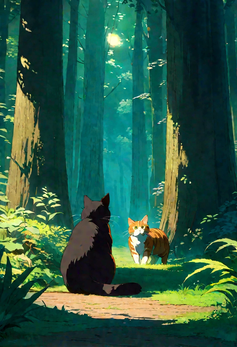 Studio Ghibli-style anime movies, Movie stills, Highest quality, masterpiece, Representative works, Official Art, Professional, Super intricate details, 8K,Cat, in the forest、relax