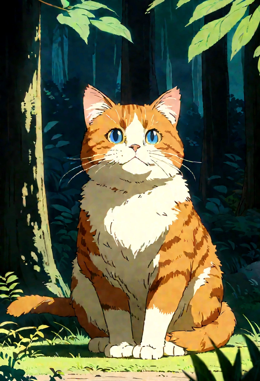Studio Ghibli-style anime movies, Movie stills, Highest quality, masterpiece, Representative works, Official Art, Professional, Super intricate details, 8K,Cat, in the forest、relax