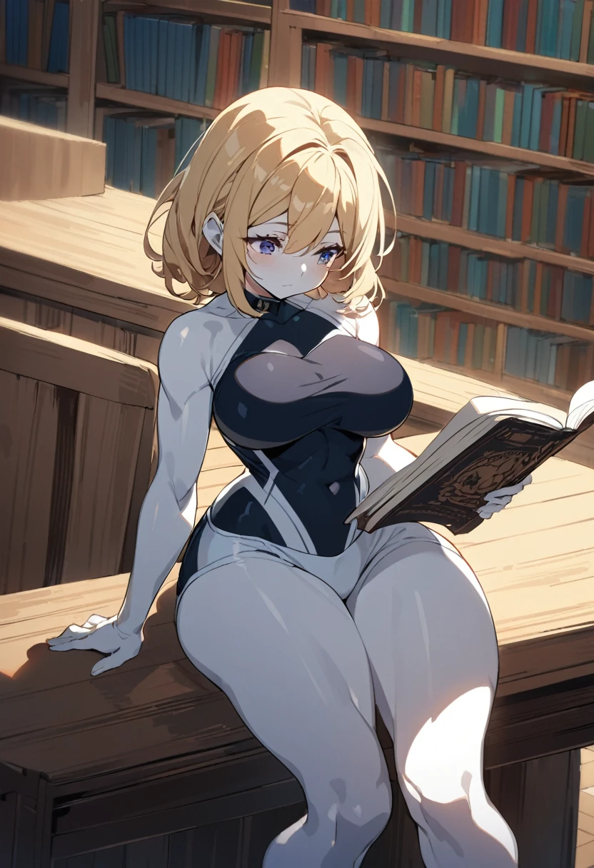 1. Fit girl, blonde hair, normal size , memorizing eyes, tight fit clothes, slim body, thick thighs, small short top, white skin, soft body, very short pants
2. Library, reading, sitting on table
3. Good lighting, anime