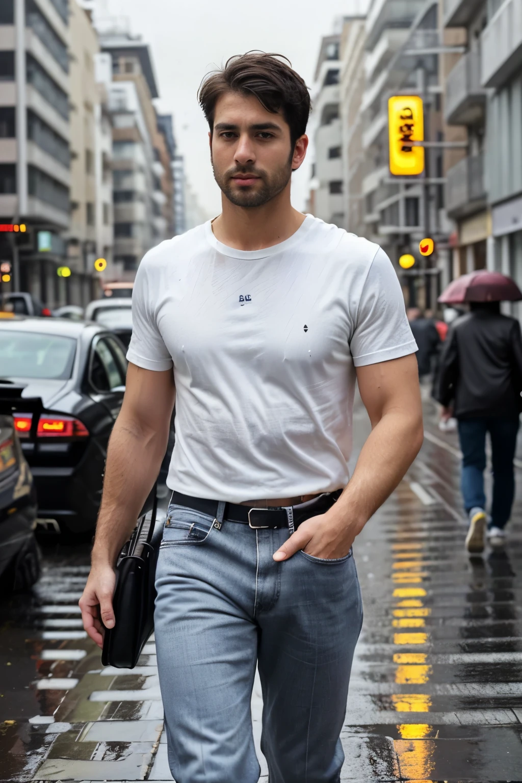 (RAW photo, best quality, highest quality, masterpiece:1.2), (realistic, photo-realistic:1.37), ultra high res, (1 man 32 year's old, light french cut, Tirkish handsome:2.0), (summer night:1.3), (white round neck plain Tee-shirt, regular fit baggy Tee-shirt, grey bottom fold regular fit lose jeans:1.3), (standing on a street, wet wide road:1.4), high rise buildings, traffic, cars, yellow cabs behind, rainy weather, headlights, walking style, rainy atmosphere, full body, Black cut shoes, model style Posing, carrying leather laptop bag on shoulder, (focus face:1.3), (high contrast:1.1), (detailed background:1.3), dynamic pose, intricate detail, delicate pattern, (vibrant, colorful:1.3), (high sharpness), middle eastern guy, fashion posing, short black hairstyle, plain regular fit lose Tee-shirt no printing on Teeshirt, light french beared, Turkish boy in walking style.