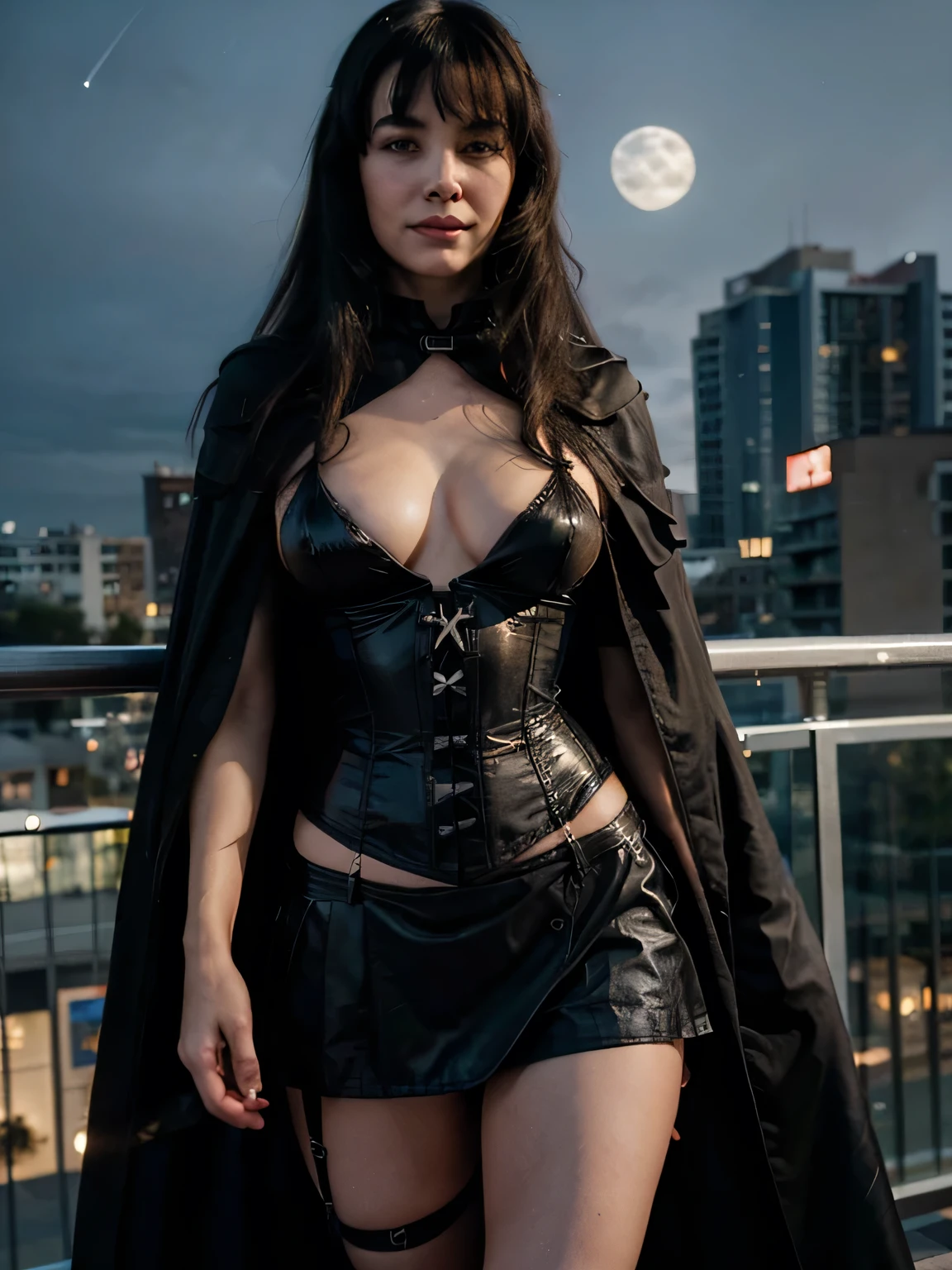 (long high collar black cloak tied at the neck ), delicate and beautiful , sensually smiling Bettie Page, long black hair , silver corset and short skirt , long black detailed gloves, standing on a balcony bathed in moonlight , RAW Photo , full colour , best quality , HDR , photographic , realism pushed to extreme , fine texture , ultrarealistic, film grain , full length , 8K , vogue,