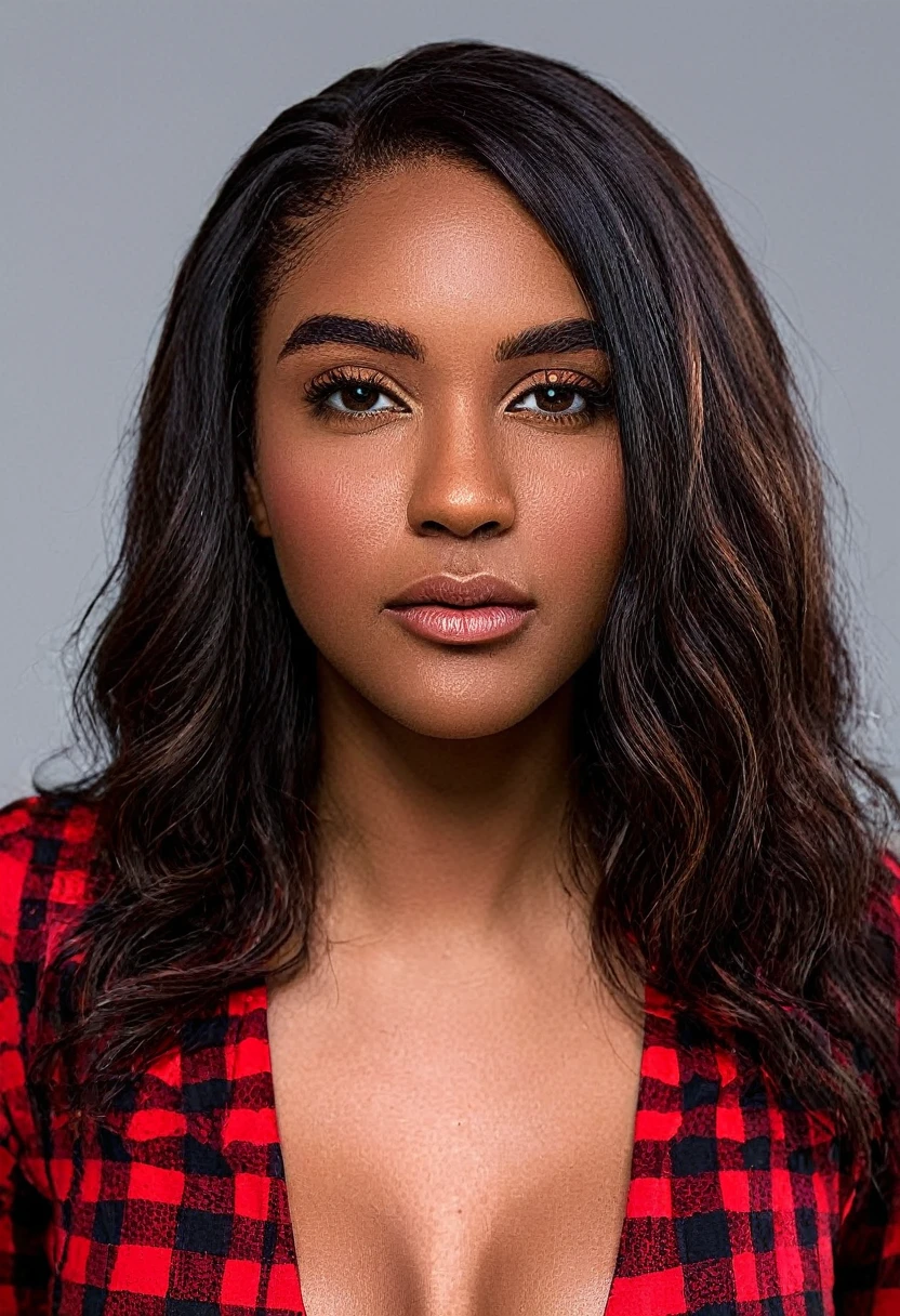 A beautiful woman, beautiful Latin face, young Brazilian Nyvi Estephan, Brazilian supermodel, serene and elegant beauty, Angolan descent, young adult 30 years old, nerdy woman, tall woman, a stunning black woman, with indigenous features, beautiful indigenous girl, native Brazilian, ((An indigenous African girl with European ebony)), ((her beauty is undeniable)), beautiful young ebony with dark skin, tanned Mexican, black hair with brown highlights, black curly hair with brown highlights, voluminous black hair with Brown highlights, vibrant and dynamic cut with soft waves can add a modern and stylish touch. Has an exotic beauty with beautiful green eyes, realistic green eyes, bright green eyes, ultra detailed green eyes, ultra realistic green eyes, natural green eyes, ultra detailed iris, perfect eyes, perfect iris, hyper realistic eyes, eyeliner, long eyelashes and defined, penetrating gaze that conveys confidence, striking, powerful expression, strong presence, striking makeup, vibrant red lipstick, full lips, voluminous lips, seductive lips, captivating, striking, unforgettable, dazzling and mischievous smile, wide smile, your features are captivating , subtle smile on his lips. beautiful and detailed face, detailed skin texture, Notice her perfectly shaped eyebrows, which arch gracefully above her eyes, small nose that is proportionate to her face, and soft contour of her face that accentuates her high cheekbones. Beautiful and glowing skin, intricate details, smooth skin, healthy and radiant appearance, Attractive slim woman, Average bust, Average and beautiful breasts, athletic physique, flat stomach, slim waist, huge hips, wide hips, big ass, thick thighs, legs shapely concept art. She wears a red and black plaid shirt with long sleeves, a short black latex skirt and long black knee-high boots. 3D 4k, high resolution, full sharpness photo realistic, breathtaking, Lentille nette, Photographie professionnelle, Objectif 70mm, Unreal Engine 5, wallpaper, colorful