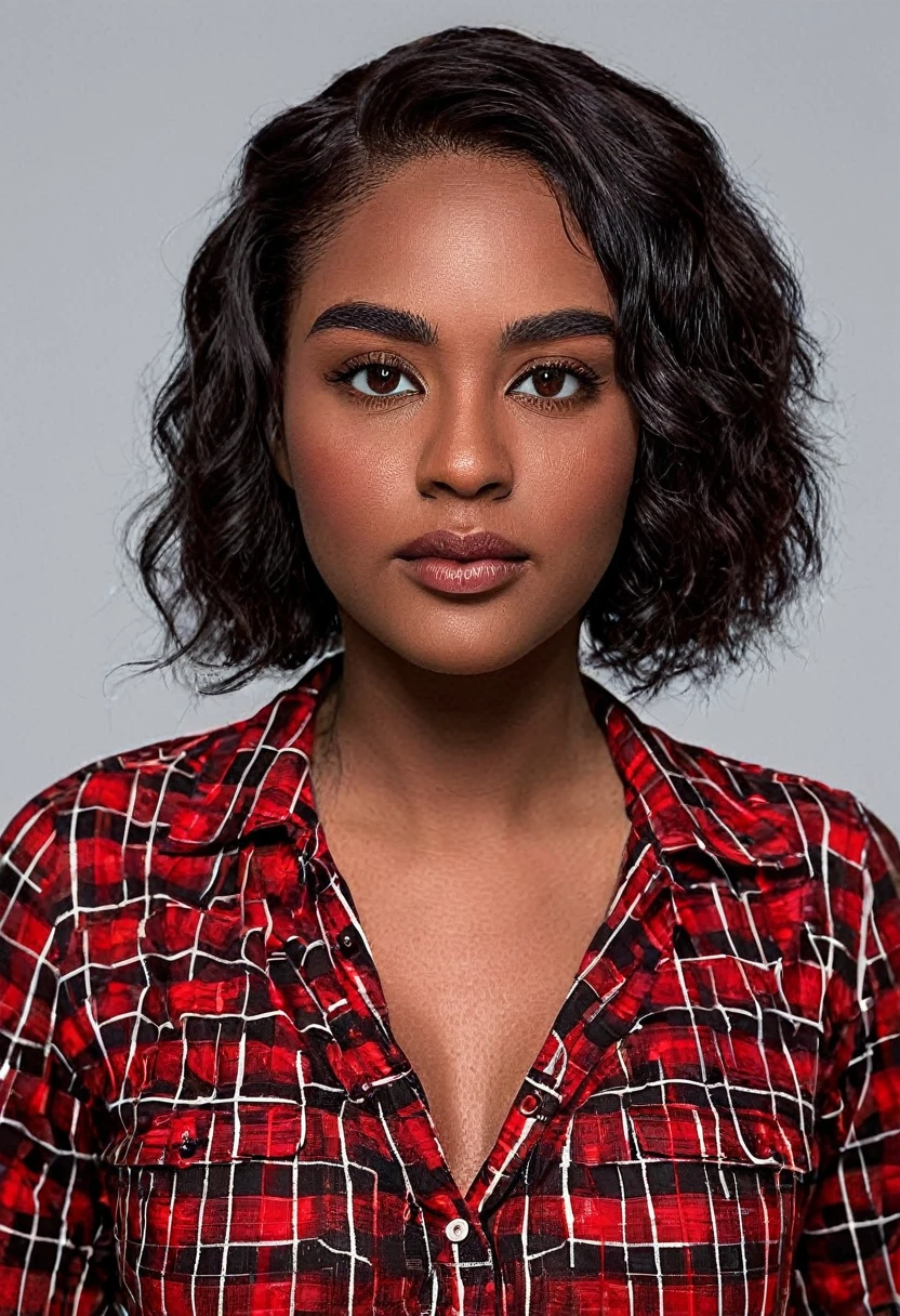 A beautiful woman, beautiful Latin face, young Brazilian Nyvi Estephan, Brazilian supermodel, serene and elegant beauty, Angolan descent, young adult 30 years old, nerdy woman, tall woman, a stunning black woman, with indigenous features, beautiful indigenous girl, native Brazilian, ((An indigenous African girl with European ebony)), ((her beauty is undeniable)), beautiful young ebony with dark skin, tanned Mexican, black hair with brown highlights, black curly hair with brown highlights, voluminous black hair with Brown highlights, vibrant and dynamic cut with soft waves can add a modern and stylish touch. Has an exotic beauty with beautiful green eyes, realistic green eyes, bright green eyes, ultra detailed green eyes, ultra realistic green eyes, natural green eyes, ultra detailed iris, perfect eyes, perfect iris, hyper realistic eyes, eyeliner, long eyelashes and defined, penetrating gaze that conveys confidence, striking, powerful expression, strong presence, striking makeup, vibrant red lipstick, full lips, voluminous lips, seductive lips, captivating, striking, unforgettable, dazzling and mischievous smile, wide smile, your features are captivating , subtle smile on his lips. beautiful and detailed face, detailed skin texture, Notice her perfectly shaped eyebrows, which arch gracefully above her eyes, small nose that is proportionate to her face, and soft contour of her face that accentuates her high cheekbones. Beautiful and glowing skin, intricate details, smooth skin, healthy and radiant appearance, Attractive slim woman, Average bust, Average and beautiful breasts, athletic physique, flat stomach, slim waist, huge hips, wide hips, big ass, thick thighs, legs shapely concept art. She wears a red and black plaid shirt with long sleeves, a short black latex skirt and long black knee-high boots. 3D 4k, high resolution, full sharpness photo realistic, breathtaking, Lentille nette, Photographie professionnelle, Objectif 70mm, Unreal Engine 5, wallpaper, colorful