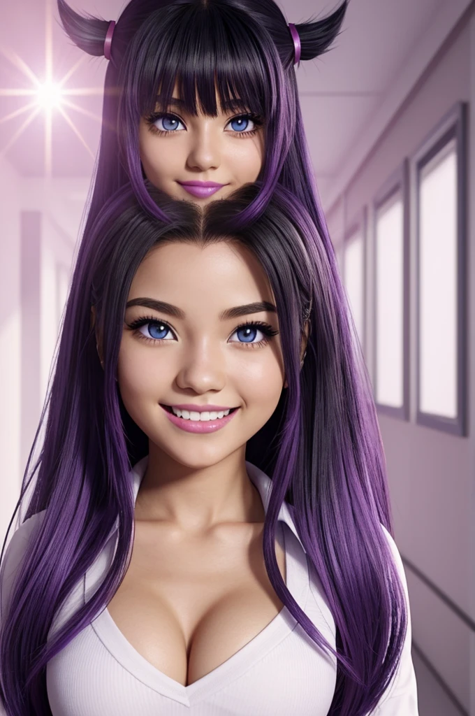 Screenshot Boku no hero academy.
May she be a kind and smiling girl, have hair down to your chest, that your hair be black and the tips purple, May your eyes be light blue, that your skin color is white, and her breasts are a little big, that has pink lipstick and that has a small eyeliner.