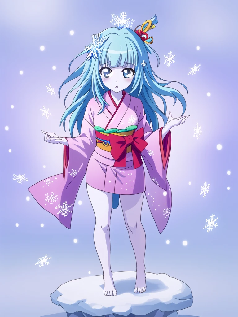 Standing portrait, full body, anime style, anime CG style, gal game CG style, white skin, single woman, woman around 40 years old, adult woman, mature woman, pastel blue hair, long hair, standard bust, normal bust, medium bust, snowflake hair ornament, snowflake accessories, snow patterned kimono, women's geta, bare feet, {{nsfw}}, masterpiece, high resolution, high quality, plain transparent background,