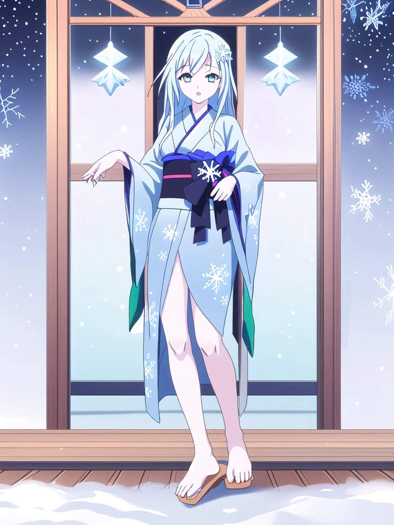 Standing portrait, full body, anime style, anime CG style, gal game CG style, white skin, single woman, woman around 40 years old, adult woman, mature woman, pastel blue hair, long hair, standard bust, normal bust, medium bust, snowflake hair ornament, snowflake accessories, snow patterned kimono, women's geta, bare feet, {{nsfw}}, masterpiece, high resolution, high quality, plain transparent background,