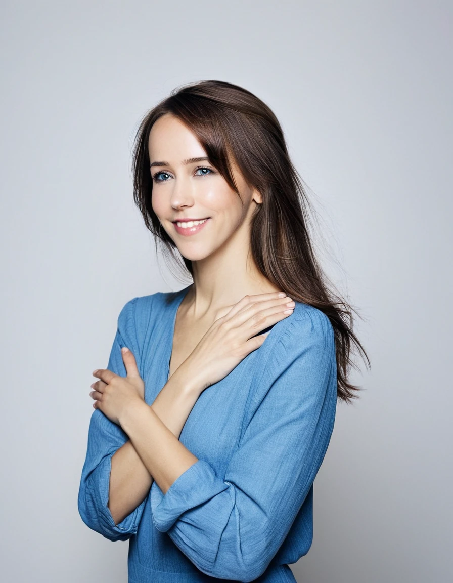  photoshoot of stefanie joosten posing in profile. Long straight hair falling freely. Her expression is joyful with a wide smile. The background is completely white, Her arms are crossed over her chest, creating a dynamic and expressive pose. The image conveys freedom, confidence, and joy, body attletic, Brunette,stefaniejoosten,blue eyes