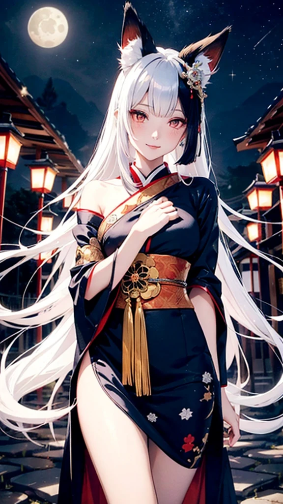 Kitsune girl,hime cut,silver eyes,gold darkblue and red tones japanese cloth, geisha dress theme sun&moon , traditional japanese , long white hair,silver fox ears, have kitsune tail, beautiful woman, silver eyes, elegant, young adult beautiful,night , starry night,sexy eyes,flirting,smile, erotic,nude, royal charm