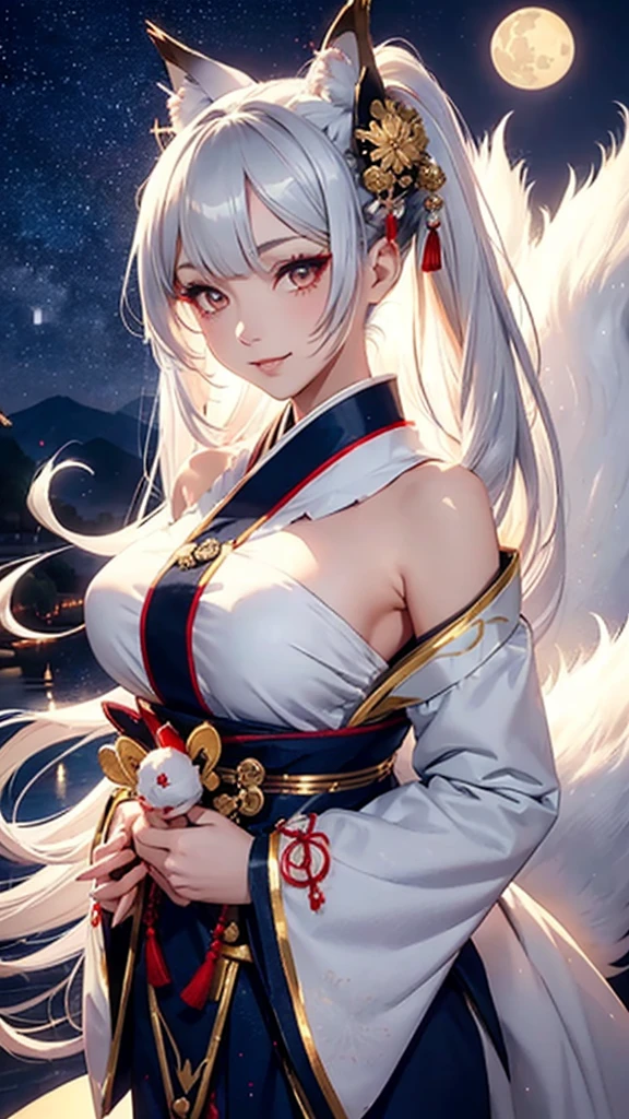 Kitsune girl,hime cut,silver eyes,gold darkblue and red tones japanese cloth, geisha dress theme sun&moon , traditional japanese , long white hair,silver fox ears, have kitsune tail, beautiful woman, silver eyes, elegant, young adult beautiful,night , starry night,sexy eyes,flirting,smile, erotic,nude, royal charm