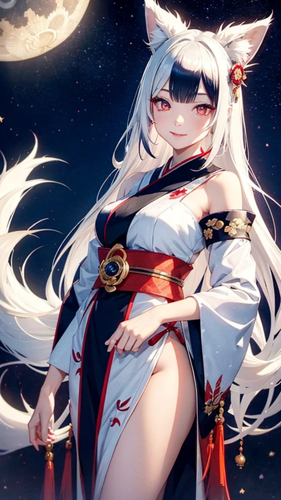 Kitsune girl,hime cut,silver eyes,gold darkblue and red tones japanese cloth, geisha dress theme sun&moon , traditional japanese , long white hair,silver fox ears, have kitsune tail, beautiful woman, silver eyes, elegant, young adult beautiful,night , starry night,sexy eyes,flirting,smile, erotic,nude, royal charm
