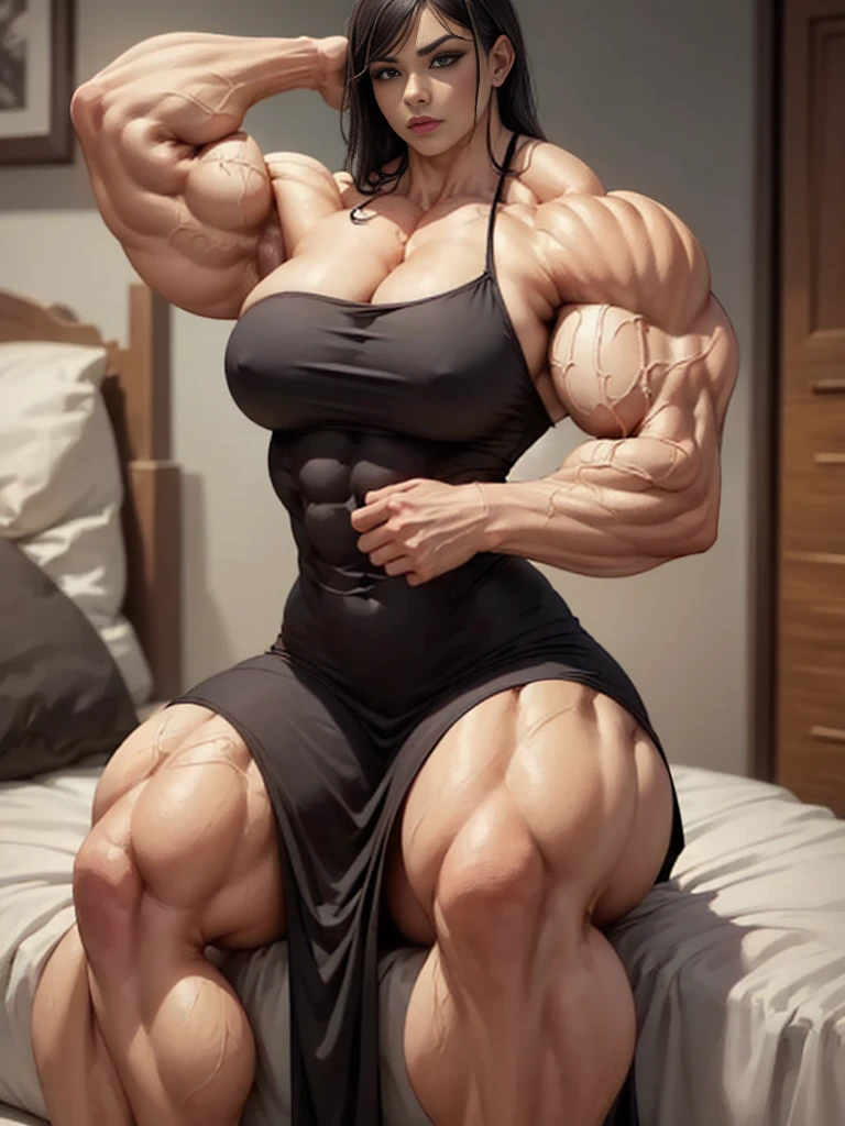 Muscle girl, extremely muscular extremamente , pernas extremely musculars, dominant, extremamente dominant , extremely threatening, extremely muscular,pernas extremely muscular, fully body, mostrando o fully body, sitting on cama, sitting on, flexed arms, flexing arms, opening the legs, olhando pra mim sitting on cama, sitting on cama, extremely tight black dress, long dress black,, more muscular, extremely muscular, extremely large physique, pernas extremely musculars, but muscular, extremely muscular, Thighs are bigger legs , pernas extremely musculars é grande, bunda extremely muscular e gigante, corpo more muscular extremely muscular,