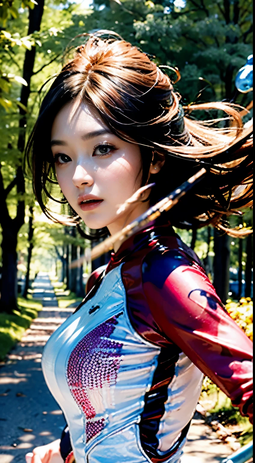born, masterpiece, Ultra HD Photos,, 最high quality, Ultra-high resolution, Realistic, sunlight, Full body portrait, Amazingly beautiful,, Dynamic pose, Delicate face, bornきbornきとした目, (Side view) , She's wearing a futuristic Iron Man mech, Red and gold color scheme, Highly detailed abandoned warehouse background, Detailed face, Detailed, intricate and busy background, Messy, nice, milky, Skin with attention to detail, Realistic skin detail, Pores are visible , Sharp focus, Volumetric Fog, 8K Ultra HD, Digital single-lens reflex camera, high quality, Film Grain, Fair skin, Photorealism, Lomography, A sprawling metropolis in a dystopian future, View from below, translucent