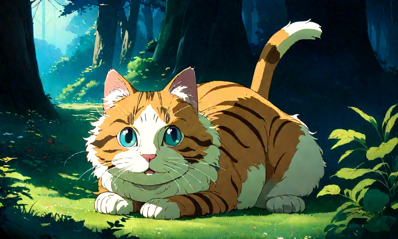 Studio Ghibli-style anime movies, Movie stills, Highest quality, masterpiece, Representative works, Official Art, Professional, Super intricate details, 8K,Cat, in the forest、relax