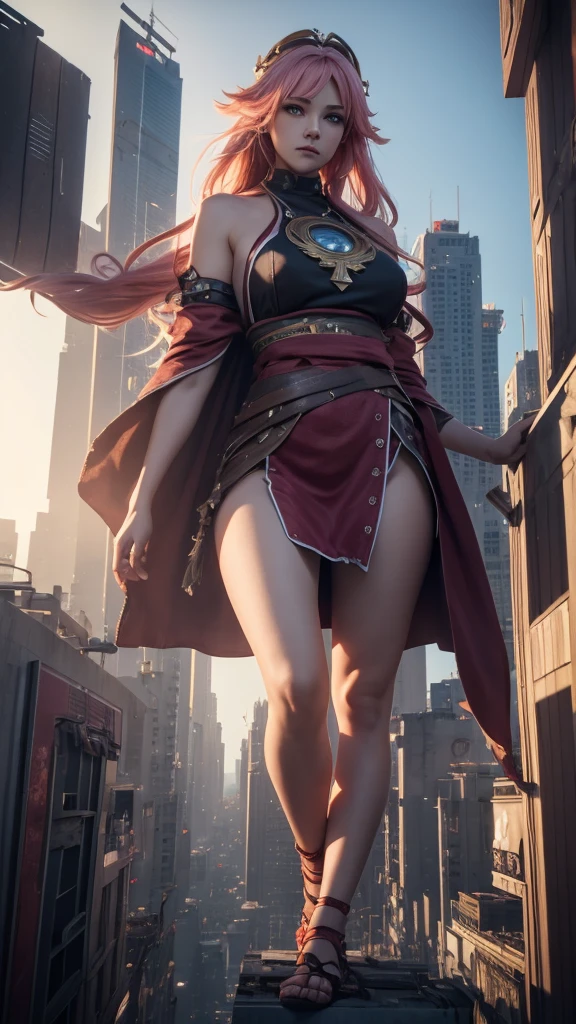 The giant girl wields a and The girl sat and hooked her ?????? destroys the city,Girl sitting on a building,A giant woman in a lying on top of a cyberpunk city, Wear short skirts,Little guys running around the giant girl,The little person panicked and ran away,Many cars pass by, Standing on her hand, cgsociety 9, 2. 5 d cgi fantasy art, engine rendering unreal + a goddess, full body cgsociety, artgerm ; Hyper realistic 3d content, giant art, super detailed 3d matte paintings, super detailed 3d matte paintings, realistic fantasy art, realistic 3 d anime style. Beautiful girl. Big thighs."The boy stood on the top of a high-rise building waving to the girl". Color ultra 4k.The little person panicked and ran away.Giant attack.