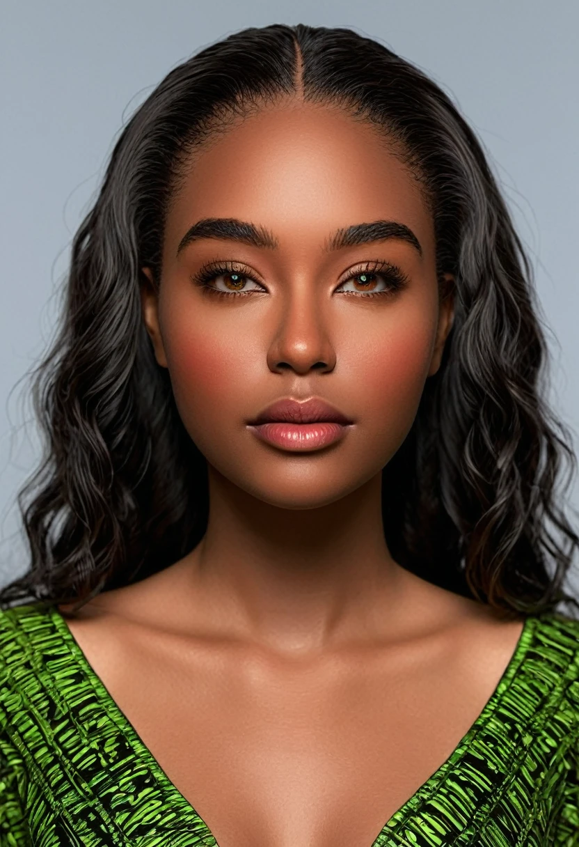A beautiful woman, beautiful Latin face, young Brazilian Nyvi Estephan, Brazilian supermodel, serene and elegant beauty, Angolan descent, young adult 30 years old, nerdy woman, tall woman, a stunning black woman, with indigenous features, beautiful indigenous girl, native Brazilian, ((An indigenous African girl with European ebony)), ((her beauty is undeniable)), beautiful young ebony with dark skin, tanned Mexican, black hair with brown highlights, black curly hair with brown highlights, voluminous black hair with Brown highlights, vibrant and dynamic cut with soft waves can add a modern and stylish touch. Has an exotic beauty with beautiful green eyes, realistic green eyes, bright green eyes, ultra detailed green eyes, ultra realistic green eyes, natural green eyes, ultra detailed iris, perfect eyes, perfect iris, hyper realistic eyes, eyeliner, long eyelashes and defined, penetrating gaze that conveys confidence, striking, powerful expression, strong presence, striking makeup, vibrant red lipstick, full lips, voluminous lips, seductive lips, captivating, striking, unforgettable, dazzling and mischievous smile, wide smile, your features are captivating , subtle smile on his lips. beautiful and detailed face, detailed skin texture, Notice her perfectly shaped eyebrows, which arch gracefully above her eyes, small nose that is proportionate to her face, and soft contour of her face that accentuates her high cheekbones. Beautiful and glowing skin, intricate details, smooth skin, healthy and radiant appearance, Attractive slim woman, Average bust, Average and beautiful breasts, athletic physique, flat stomach, slim waist, huge hips, wide hips, big ass, thick thighs, legs shapely concept art. She wears a red and black plaid shirt with long sleeves, a short black latex skirt and long black knee-high boots. 3D 4k, high resolution, full sharpness photo realistic, breathtaking, Lentille nette, Photographie professionnelle, Objectif 70mm, Unreal Engine 5, wallpaper, colorful