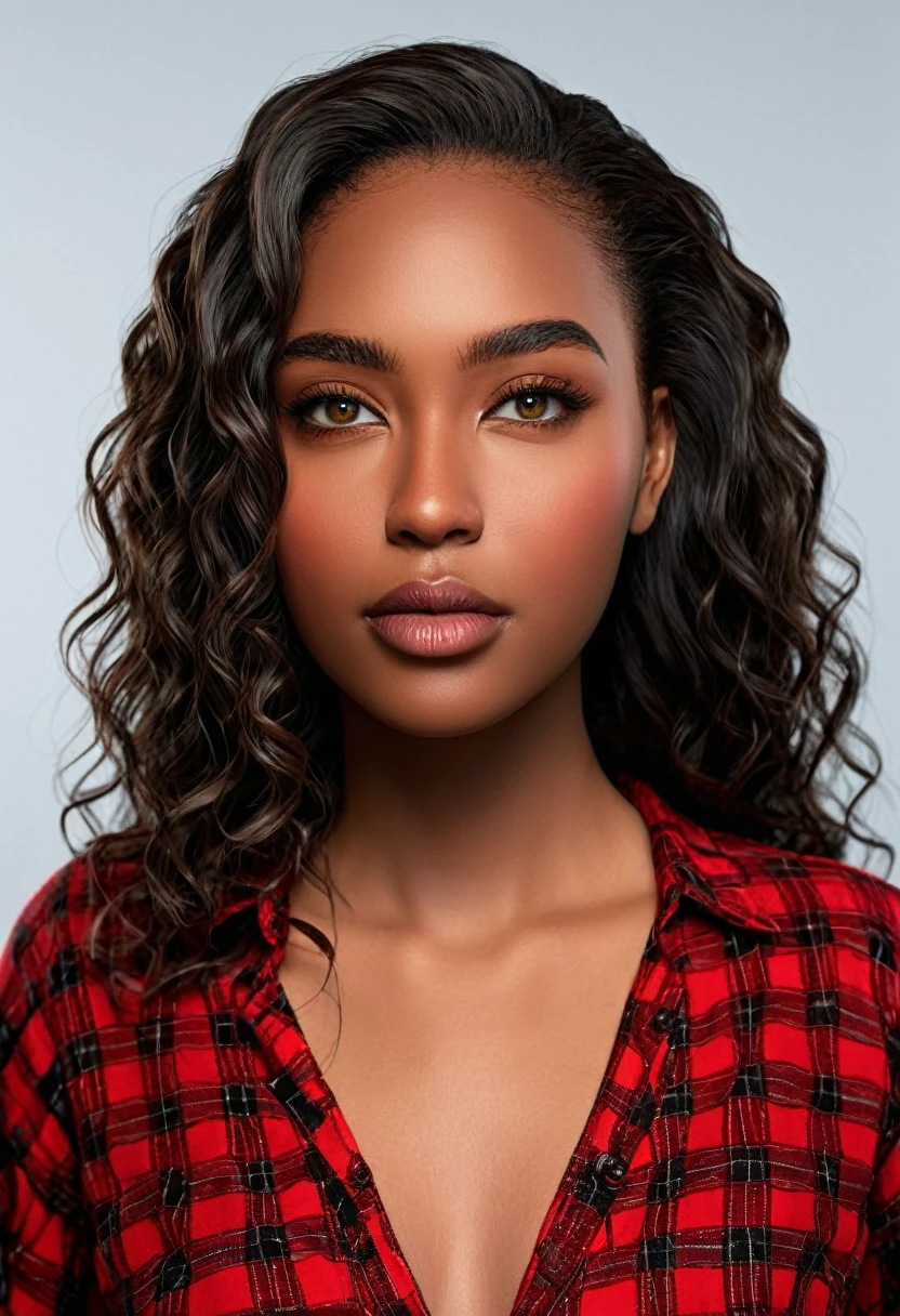 A beautiful woman, beautiful Latin face, young Brazilian Nyvi Estephan, Brazilian supermodel, serene and elegant beauty, Angolan descent, young adult 30 years old, nerdy woman, tall woman, a stunning black woman, with indigenous features, beautiful indigenous girl, native Brazilian, ((An indigenous African girl with European ebony)), ((her beauty is undeniable)), beautiful young ebony with dark skin, tanned Mexican, black hair with brown highlights, black curly hair with brown highlights, voluminous black hair with Brown highlights, vibrant and dynamic cut with soft waves can add a modern and stylish touch. Has an exotic beauty with beautiful green eyes, realistic green eyes, bright green eyes, ultra detailed green eyes, ultra realistic green eyes, natural green eyes, ultra detailed iris, perfect eyes, perfect iris, hyper realistic eyes, eyeliner, long eyelashes and defined, penetrating gaze that conveys confidence, striking, powerful expression, strong presence, striking makeup, vibrant red lipstick, full lips, voluminous lips, seductive lips, captivating, striking, unforgettable, dazzling and mischievous smile, wide smile, your features are captivating , subtle smile on his lips. beautiful and detailed face, detailed skin texture, Notice her perfectly shaped eyebrows, which arch gracefully above her eyes, small nose that is proportionate to her face, and soft contour of her face that accentuates her high cheekbones. Beautiful and glowing skin, intricate details, smooth skin, healthy and radiant appearance, Attractive slim woman, Average bust, Average and beautiful breasts, athletic physique, flat stomach, slim waist, huge hips, wide hips, big ass, thick thighs, legs shapely concept art. She wears a red and black plaid shirt with long sleeves, a short black latex skirt and long black knee-high boots. 3D 4k, high resolution, full sharpness photo realistic, breathtaking, Lentille nette, Photographie professionnelle, Objectif 70mm, Unreal Engine 5, wallpaper, colorful