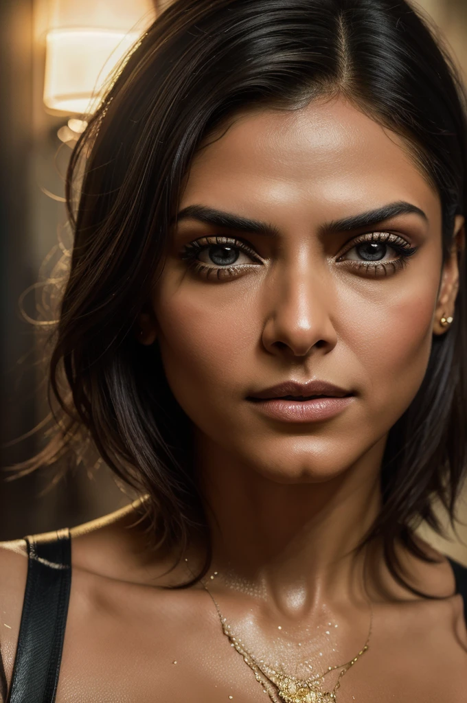Here's a prompt based on your description:
Create an 8K DSLR portrait of a stunning Lebanese Deepika Padukone milf woman, posed in a cinematic setting with soft rim ambient lighting. Her undercut hair frames her face, accentuating the cleavage cutout that adds to her allure. Capture her symmetrical and hyper-realistic eyes, along with her three-dimensional skin texture, using Fujifilm XT3's exceptional quality. Inspired by Jeremy Mann, Carne Griffiths, and Robert Oxley, the artist combines oil painting techniques with heavy brushstrokes and paint drips. The golden ratio guides the composition, resulting in a perfectly balanced portrait with rich, deep colors and layered shading that brings depth to the subject.