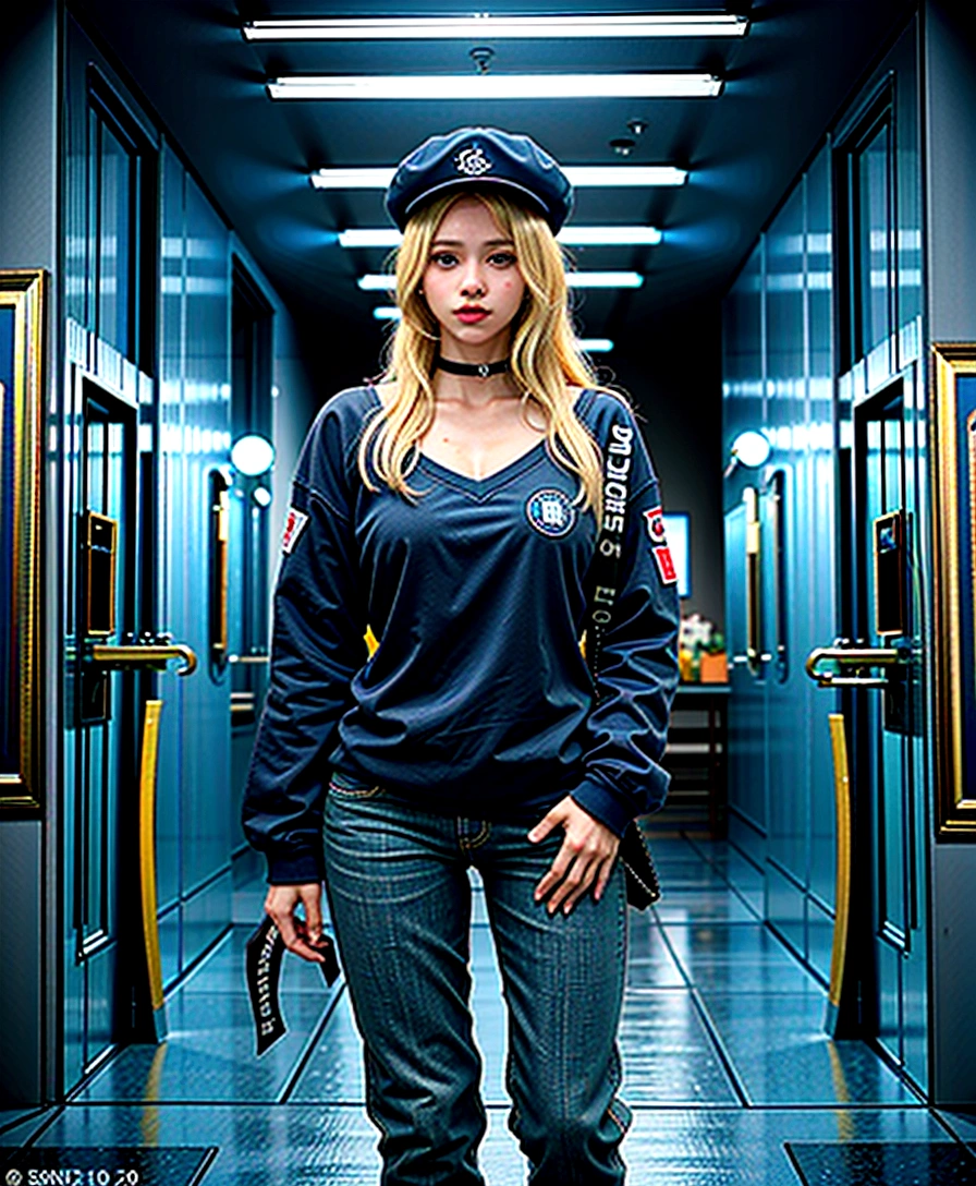 1 girl, blue colored eyes, (ssmile), (Sana Minatozaki), Broad Hips, big fit ass , bunda big fit ass, (best qualityer, 8K, work of art: 1.3), perfect hands, Focus Clear: 1.2, Perfect Body Beauty: 1.4, Highly detailed texture of face and skin, detailedeyes, Double eyelids, (long blonde hair :1.2), white t-shirt with neckline, jeans, sports caps :1.3, standing, dynamic pose, in a cemetery at night, tombstones, Dry trees, full moon in the background