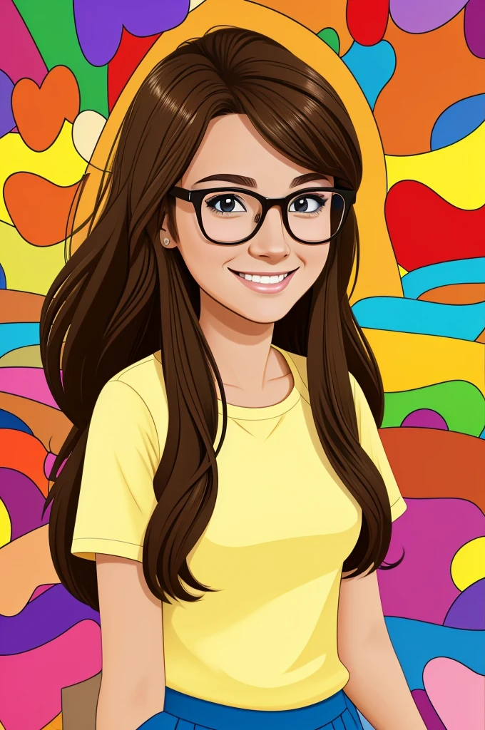 cartoon cartoon, young woman teacher, king, Long Brown Hair, bright brown eyes, with glasses, whole body, happy, colorful background