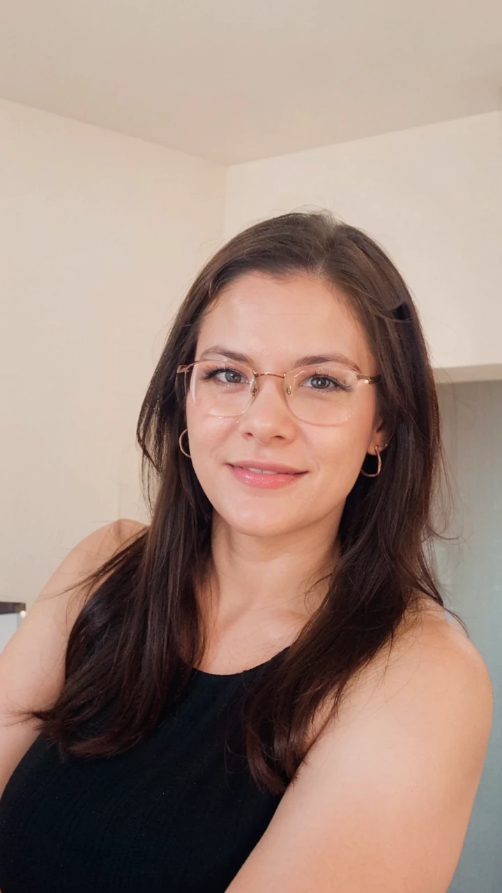 RAW photo, face portrait photo of beautiful 36 y.o woman with glasses, standing in the lobby of a hotel, cute face, wearing corporate dress, happy face, hard shadows, cinematic shot, dramatic lighting