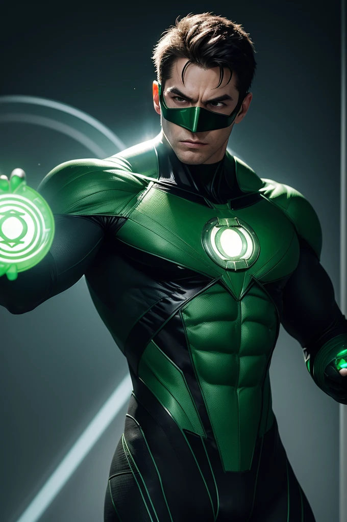 A detailed image of Green Lantern wearing a mask that covers his entire face, leaving only the eyes visible. The costume must maintain the iconic green and black colors with the Green Lantern symbol on the chest. He must be in a heroic pose, floating in space with an energy ring glowing in his hand, creating a green light effect all around. Expression must be determined and focused. Flying and using the power of your ring.