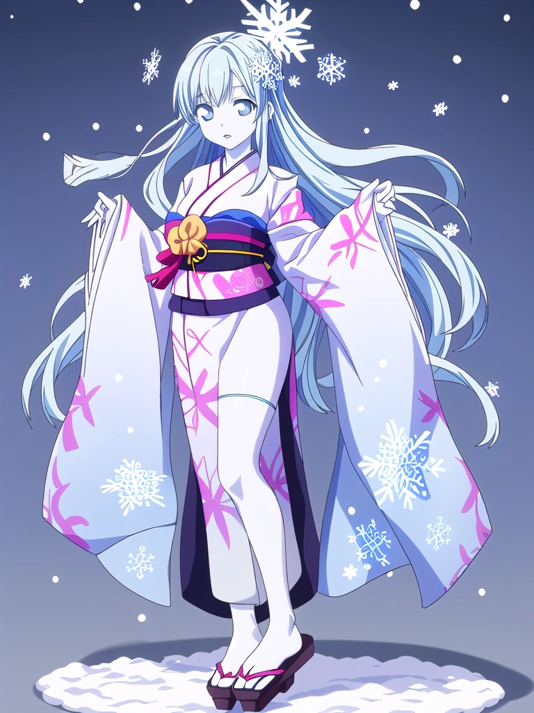 Standing portrait, full body, anime style, anime CG style, gal game CG style, white skin, single woman, woman around 40 years old, adult woman, mature woman, pastel blue hair, long hair, standard bust, normal bust, medium bust, snowflake hair ornament, snowflake accessories, snow patterned kimono, women's geta, bare feet, masterpiece, high resolution, high quality, plain transparent background,