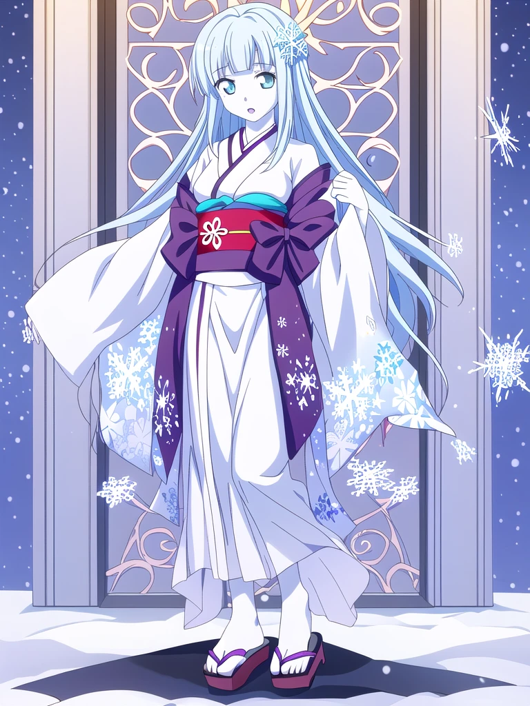 Standing portrait, full body, anime style, anime CG style, gal game CG style, white skin, single woman, woman around 40 years old, adult woman, mature woman, pastel blue hair, long hair, standard bust, normal bust, medium bust, snowflake hair ornament, snowflake accessories, snow patterned kimono, women's geta, bare feet, masterpiece, high resolution, high quality, plain transparent background,