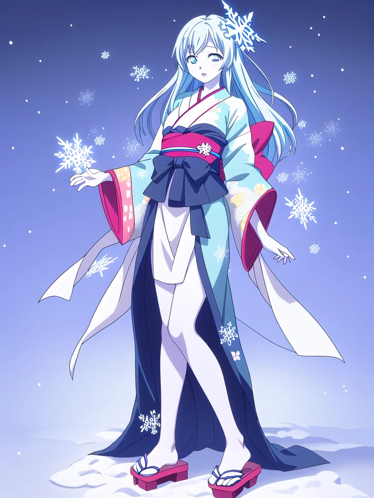 Standing portrait, full body, anime style, anime CG style, gal game CG style, white skin, single woman, woman around 40 years old, adult woman, mature woman, pastel blue hair, long hair, standard bust, normal bust, medium bust, snowflake hair ornament, snowflake accessories, snow patterned kimono, women's geta, bare feet, masterpiece, high resolution, high quality, plain transparent background,