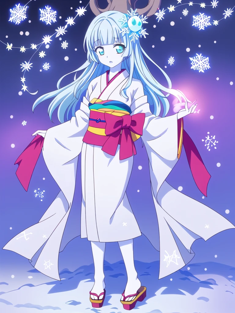 Standing portrait, full body, anime style, anime CG style, gal game CG style, white skin, single woman, woman around 40 years old, adult woman, mature woman, pastel blue hair, long hair, standard bust, normal bust, medium bust, snowflake hair ornament, snowflake accessories, snow patterned kimono, women's geta, bare feet, masterpiece, high resolution, high quality, plain transparent background,