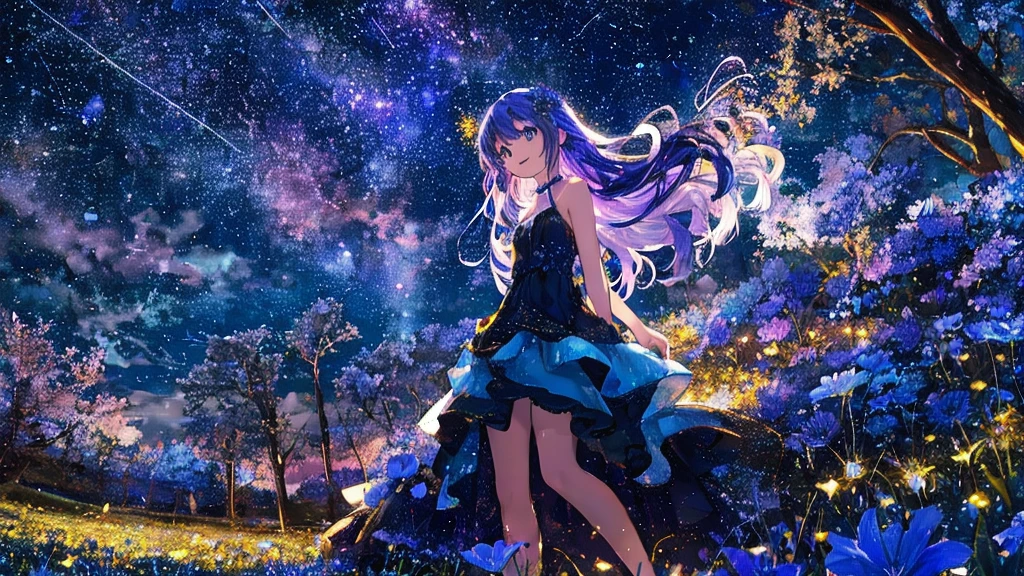 One Woman lying down in a Flower Field, A beautiful Night Sky illuminates the Lake in the middle of the Field,
The Background is filled with Fireflies dancing in the Moonlight, a small smile adornes her face,
her big blue reflective eyes light up in excitement as small shooting stars fall down over the far horizon,
Long Purple Hair with glowing blue strands going down, Fantasy Flower grow around her body, A long flowery Dress adornes her Body,