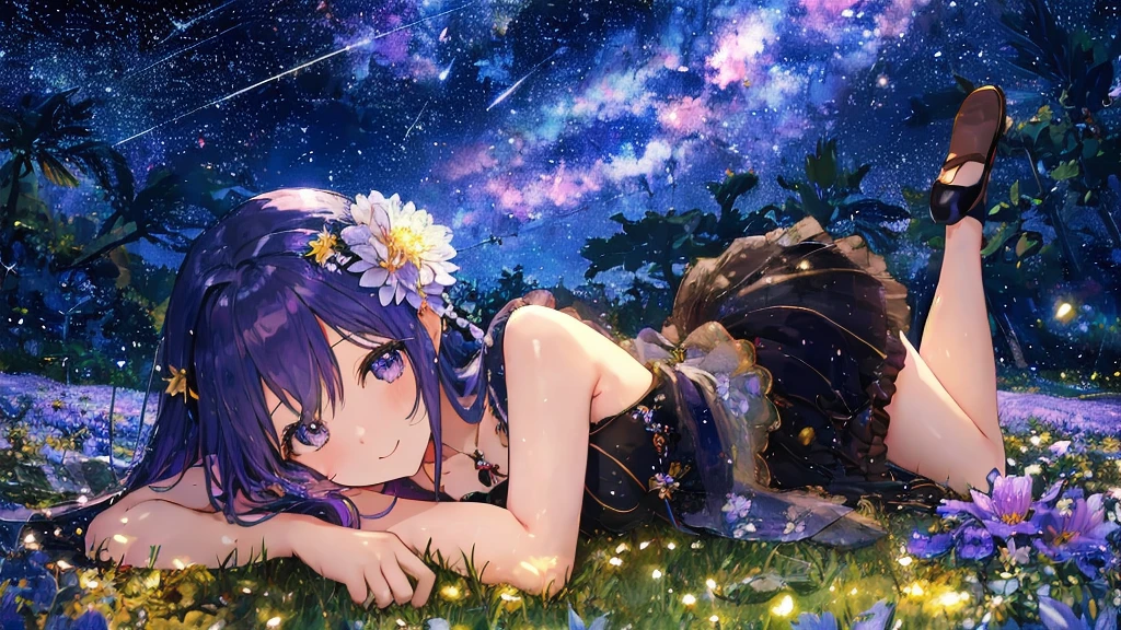 One Woman lying down in a Flower Field, A beautiful Night Sky illuminates the Lake in the middle of the Field,
The Background is filled with Fireflies dancing in the Moonlight, a small smile adornes her face,
her big blue reflective eyes light up in excitement as small shooting stars fall down over the far horizon,
Long Purple Hair with glowing blue strands going down, Fantasy Flower grow around her body, A long flowery Dress adornes her Body,