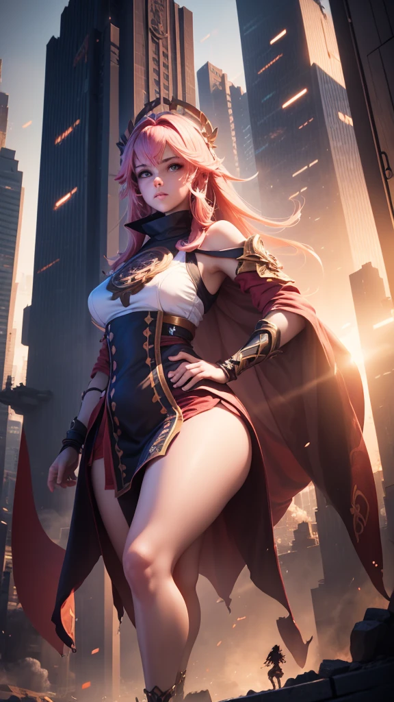 The giant girl wields a and The girl sat and hooked her vagina destroys the city,Girl sitting on a building,A giant woman in a lying on top of a cyberpunk city, Wear short skirts,Little guys running around the giant girl,The little person panicked and ran away,Many cars pass by, Standing on her hand, cgsociety 9, 2. 5 d cgi fantasy art, engine rendering unreal + a goddess, full body cgsociety, artgerm ; Hyper realistic 3d content, giant art, super detailed 3d matte paintings, super detailed 3d matte paintings, realistic fantasy art, realistic 3 d anime style. Beautiful girl. Big thighs."The boy stood on the top of a high-rise building waving to the girl". Color ultra 4k.The little person panicked and ran away.Giant attack.