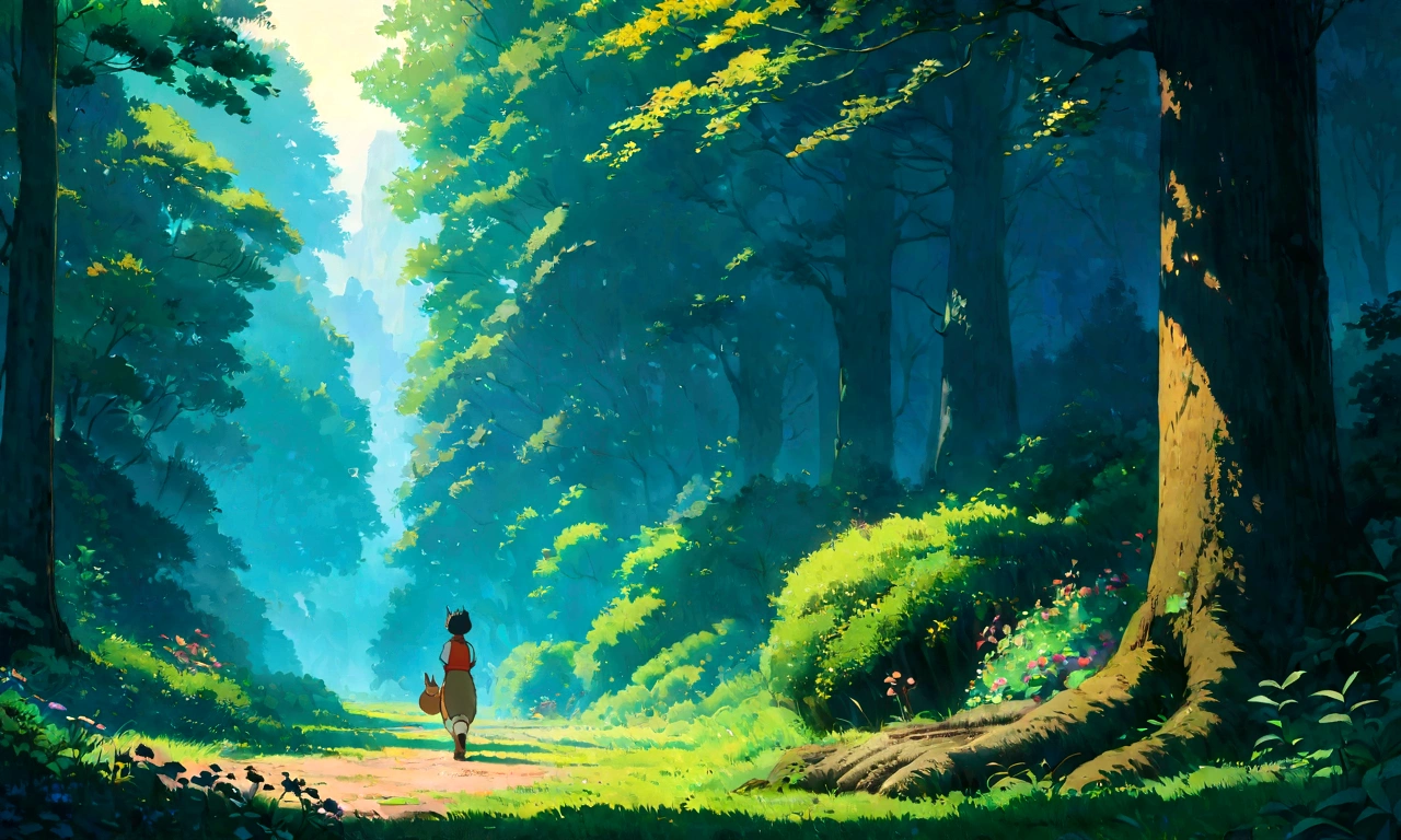 Studio Ghibli-style anime movies, Movie stills, Highest quality, masterpiece, Representative works, Official Art, Professional, Super intricate details, 8K,There is a cat in the distance, in the forest、relax