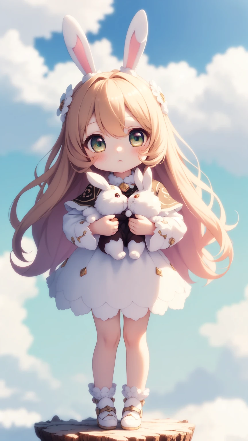 Bunny Morphing Girl, Fluffy, Soft ((Best Quality)), ((masutepiece)), ( Extreme Detail, Supreme Detail, Official art, Beauty and aesthetics: 1.2), depth of fields, Composition, Full body, (Chibi), (Faded brown hair), (Dark green eyes), (Beautiful and detailed eyes: 1.3), (Excellent:1), colorful clouds background blurred
