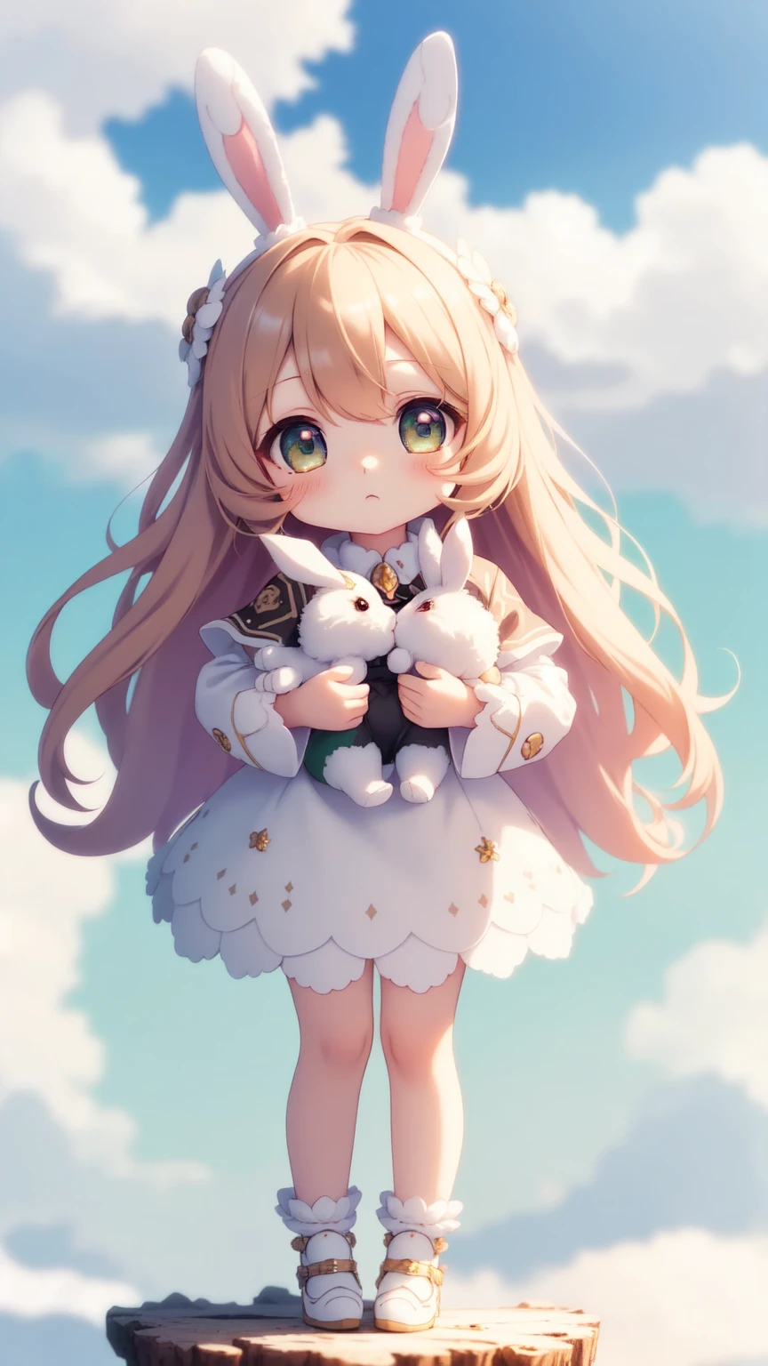 Bunny Morphing Girl, Fluffy, Soft ((Best Quality)), ((masutepiece)), ( Extreme Detail, Supreme Detail, Official art, Beauty and aesthetics: 1.2), depth of fields, Composition, Full body, (Chibi), (Faded brown hair), (Dark green eyes), (Beautiful and detailed eyes: 1.3), (Excellent:1), colorful clouds background blurred