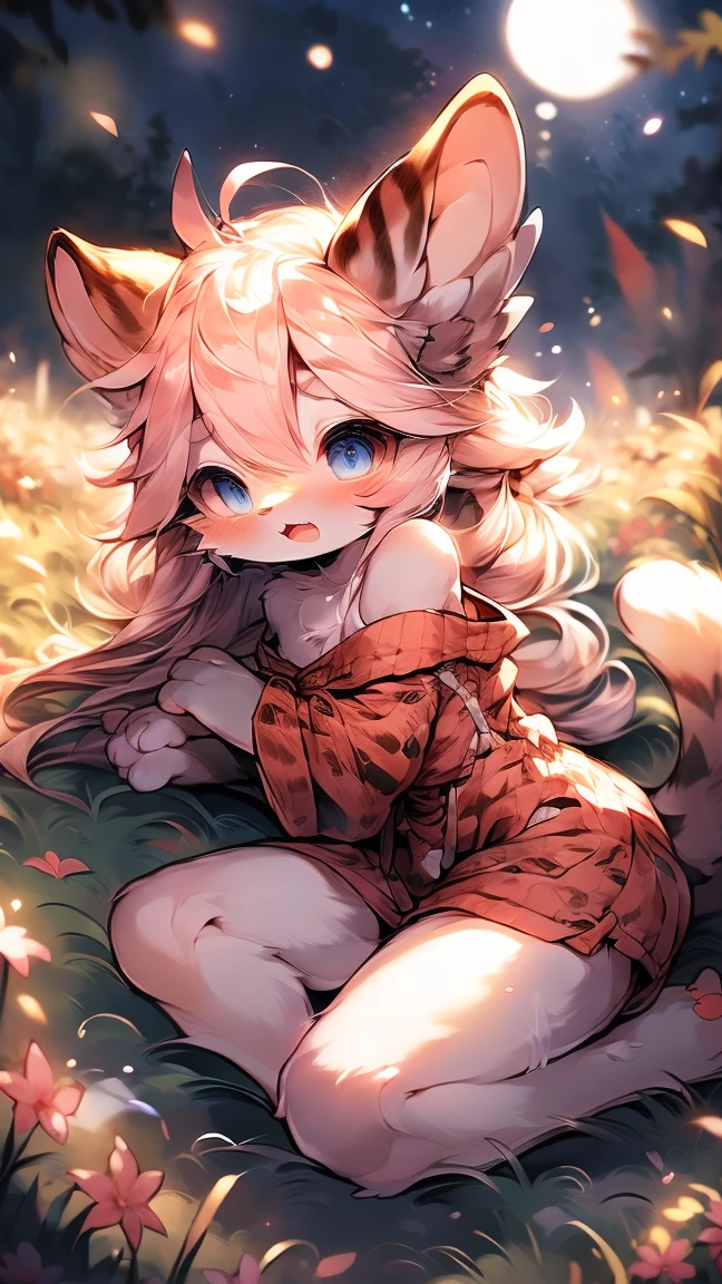 Extremely detailed, beautiful, Fair, masterpiece, best quality, Calming color palette, Peace of mind,White,White绒毛,Fluffy white ears and tail,Lying down, blush,HD Wallpapers,16k resolution, Deep blue eyes,Like the eyes of the galaxy,hairy尾巴,Pink cat ears,Plush body,paw,hairy,浑身hairy,Long legs,blush,Open your mouth,Loose clothing,Off-shoulder,White毛发,grassland,moonlight,Tiger Teeth