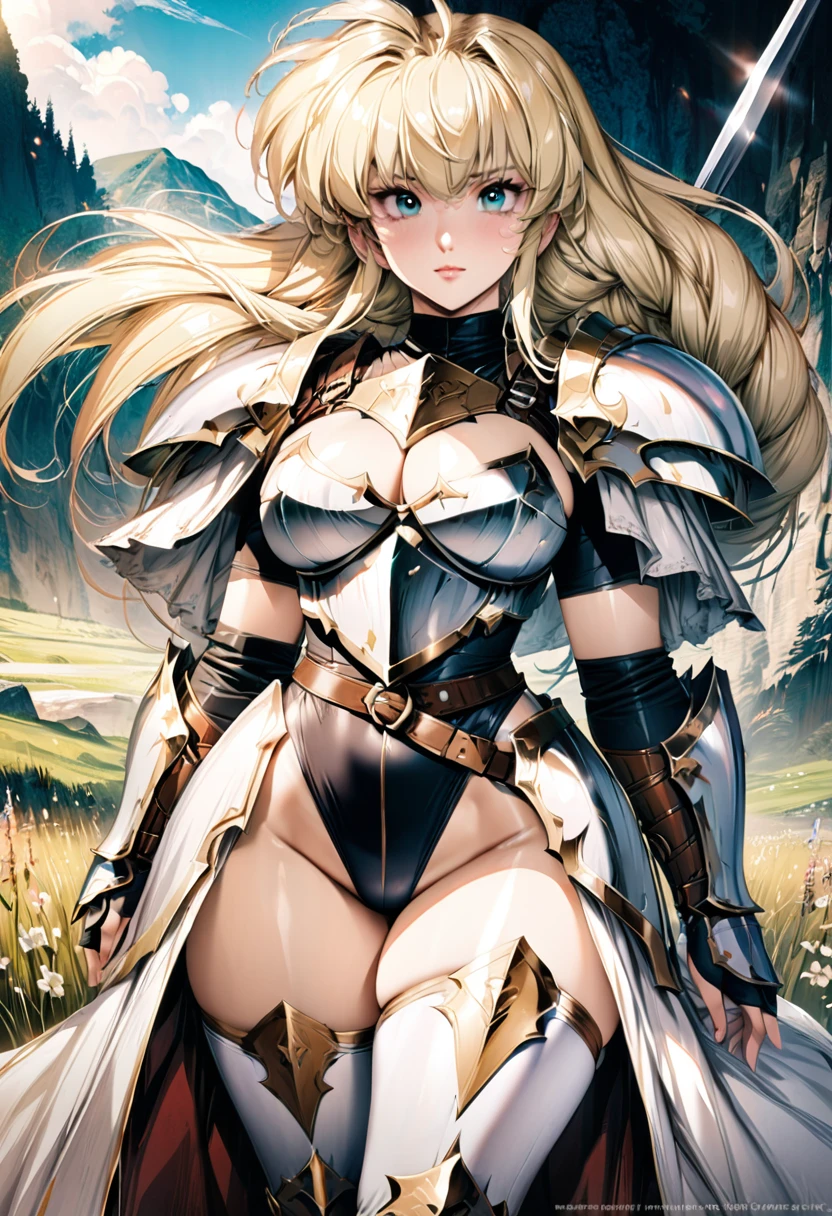 ((highest quality)), ((masterpiece)), ((hyperrealistic)), (detailed background), solo, 1girl, ((curvy: 1.2)), kawaii, female knight with a spear, ((armored dress)), langrisser, blonde braided long hair, Ahoge, (paladin armor), ((Tight-fitting leotard bodysuit)), ((large breasts)), ((arm guard gauntlet)), metal harness breastplate, belt waist armor, ((zettai ryouiki knee socks boots)), (big butt), (cleavage cutout), (Groin), (thighs), perfect noble cloak, beautiful aqua eyes, droopy eyes, perfect face, Perfect hands, perfect fingers, Blue sky and grassland, posing,