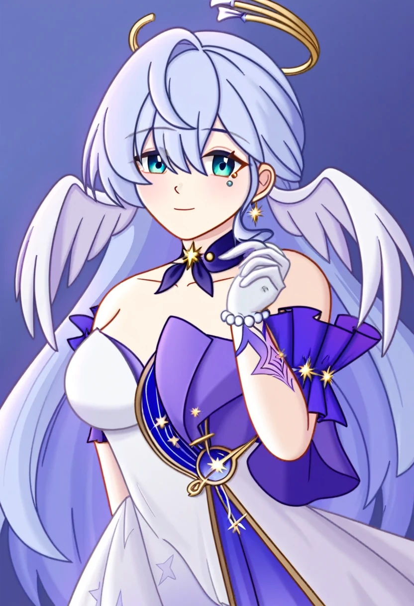 1girl, robin_\(honkai:_star_rail\), bare_shoulders, head_wings, white_dress, white_gloves, detached_sleeves, short_sleeves, aqua_eyes, long_hair, halo, purple_dress, hair_between_eyes, earrings, purple_hair