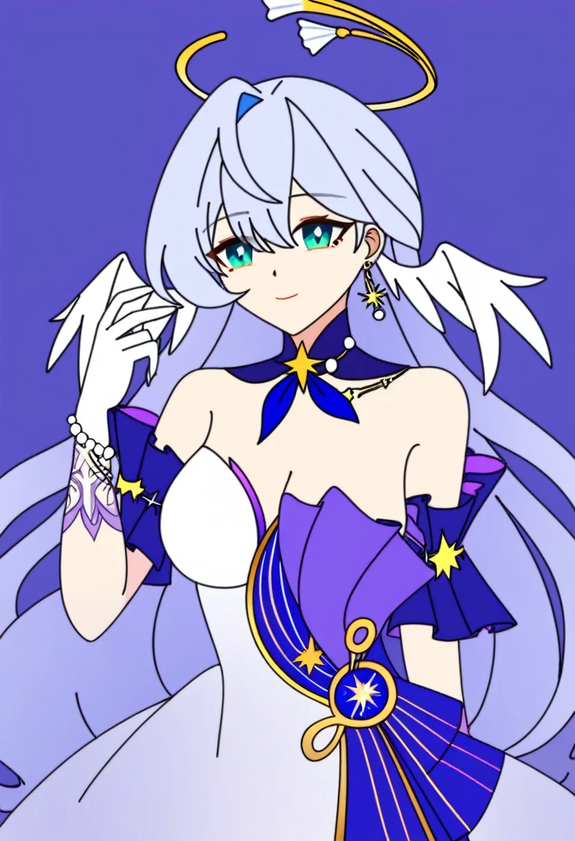 1girl, robin_\(honkai:_star_rail\), bare_shoulders, head_wings, white_dress, white_gloves, detached_sleeves, short_sleeves, aqua_eyes, long_hair, halo, purple_dress, hair_between_eyes, earrings, purple_hair