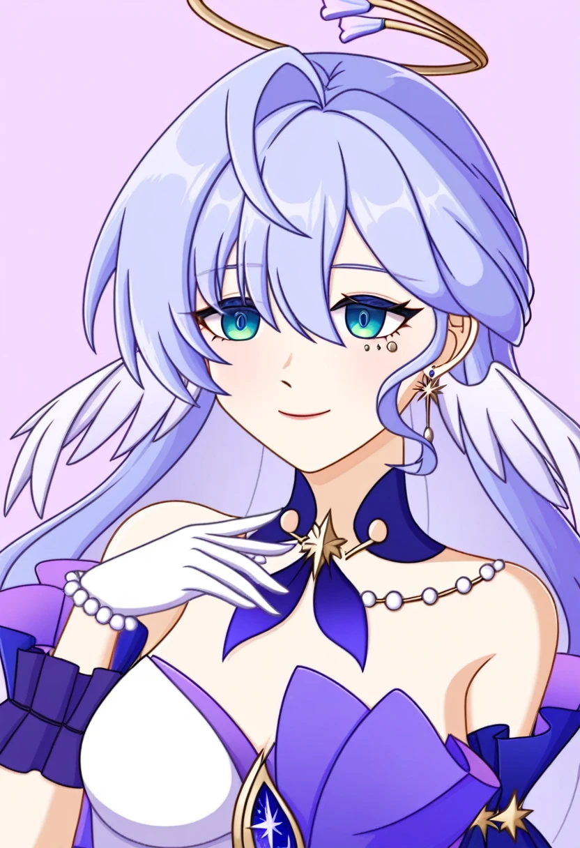 1girl, robin_\(honkai:_star_rail\), bare_shoulders, head_wings, white_dress, white_gloves, detached_sleeves, short_sleeves, aqua_eyes, long_hair, halo, purple_dress, hair_between_eyes, earrings, purple_hair